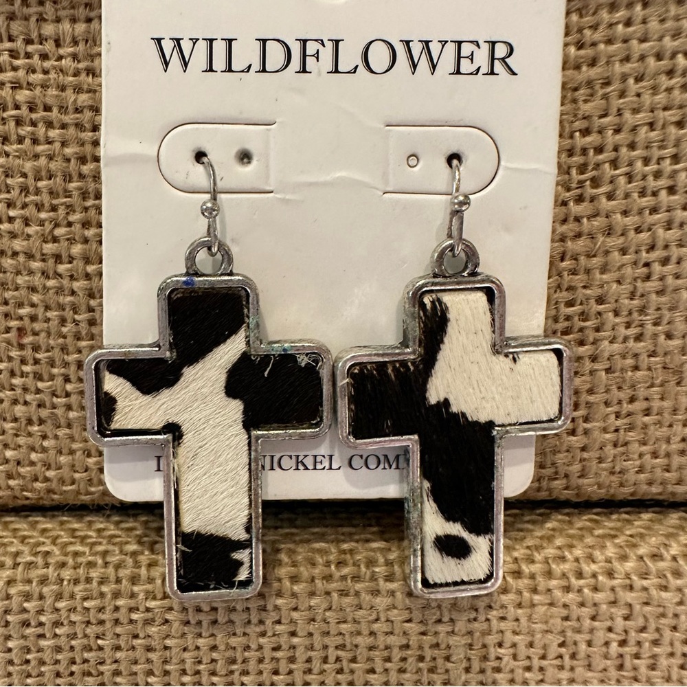 NWT Wildflower Cross Earrings BOHO- silver w/ genuine leather - Cowhide print